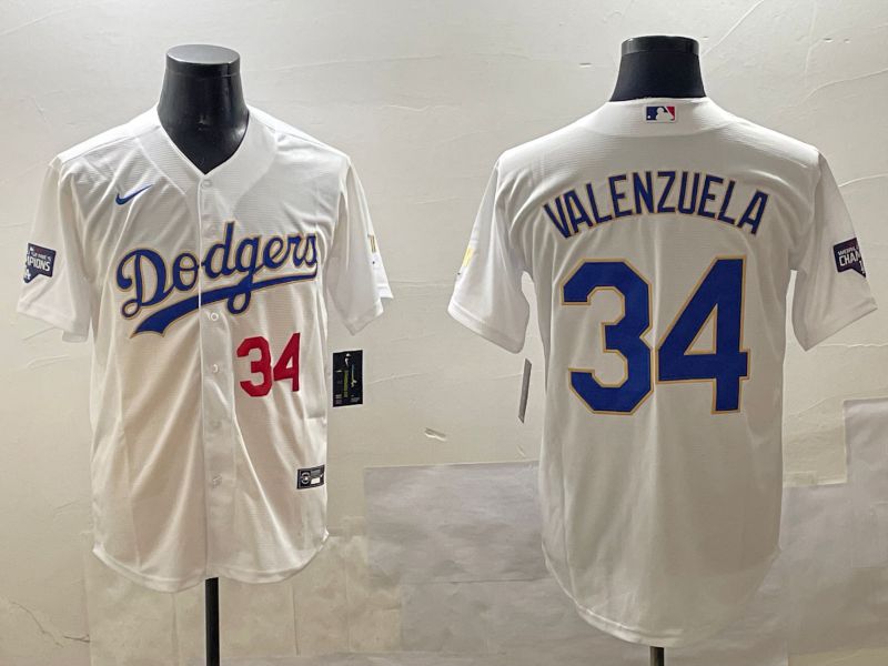 Men Los Angeles Dodgers #34 Valenzuela White blue Gold Game 2025 Nike MLB Jersey style 15